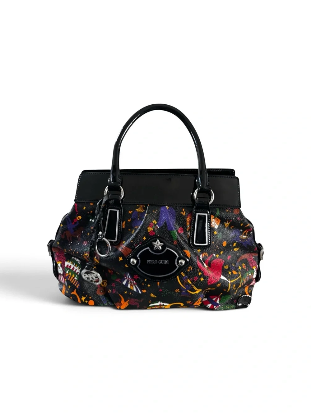Piero Guidi Black Multicolor Printed Satchel